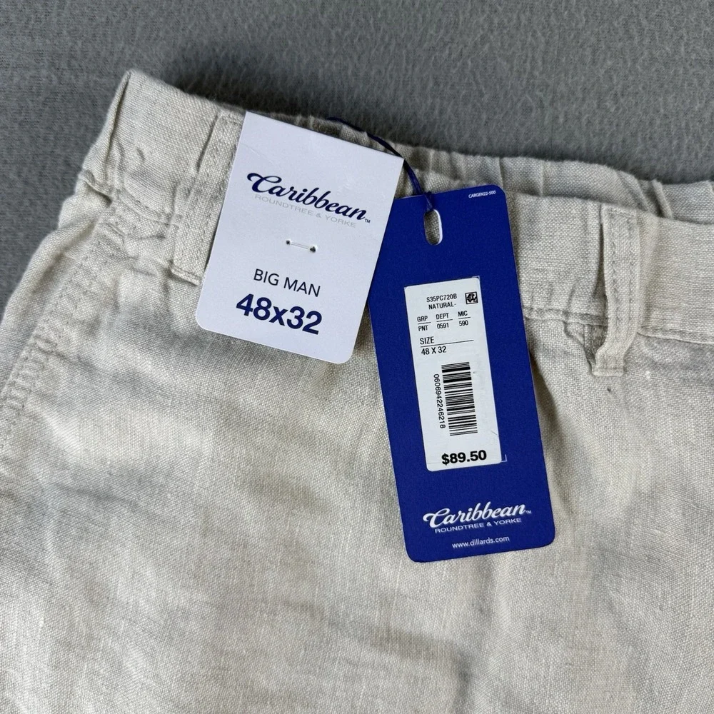 NWT Caribbean Roundtree &Yorke Mens 48x32 100%Natural Linen Drawstring Pant Big